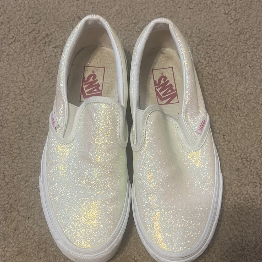 Vans White Slip-On Sneakers with Iridescent glitter (turn purple in the sun)